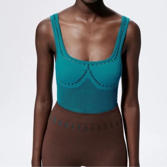Zara M/L Teal Blue Perforated Seamless Contour Collection Bodysuit Crochet Knit - Picture 13 of 14